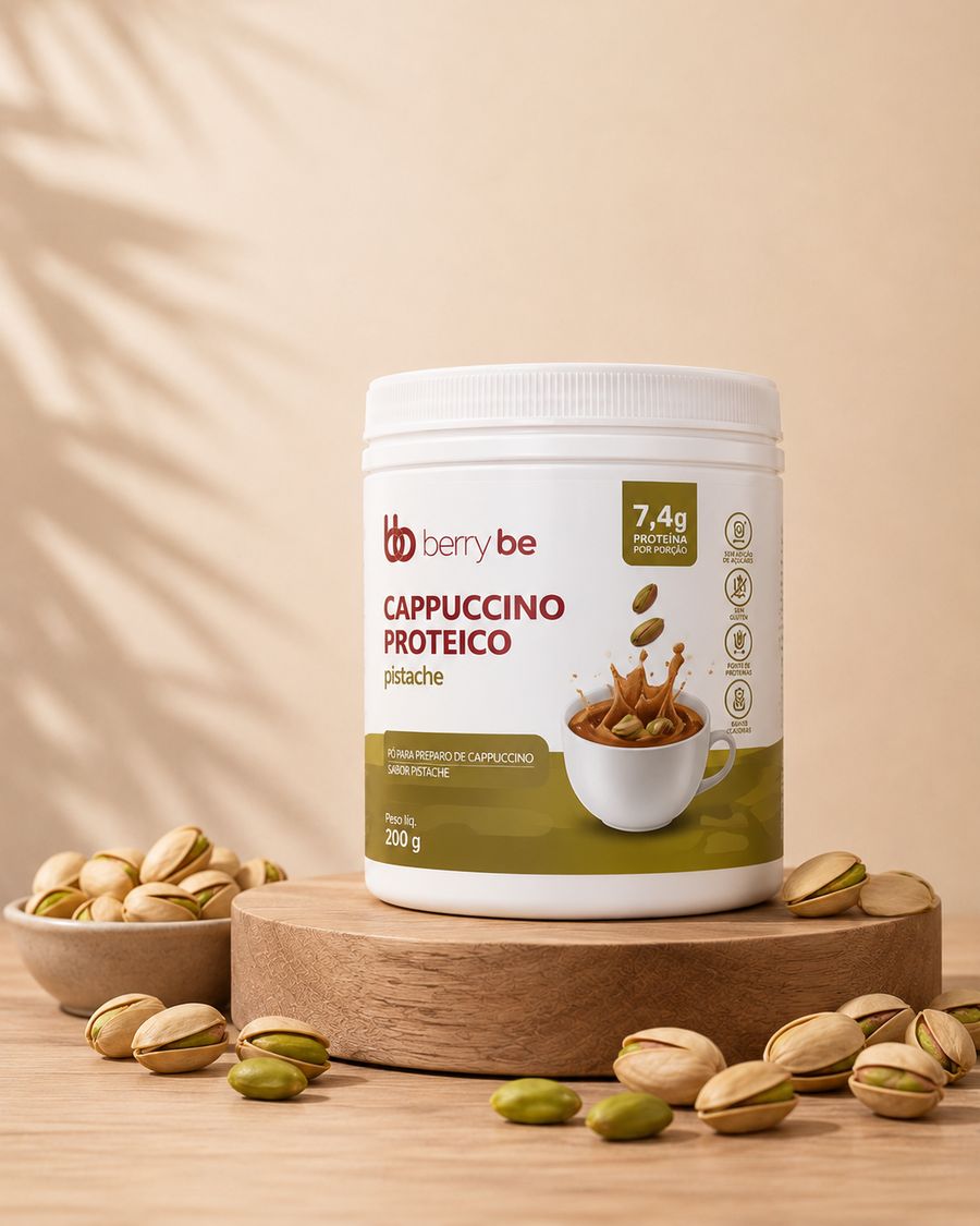 Pote de Cappuccino Proteico sabor pistache, 200 g, sobre uma base de madeira cercada de pistaches