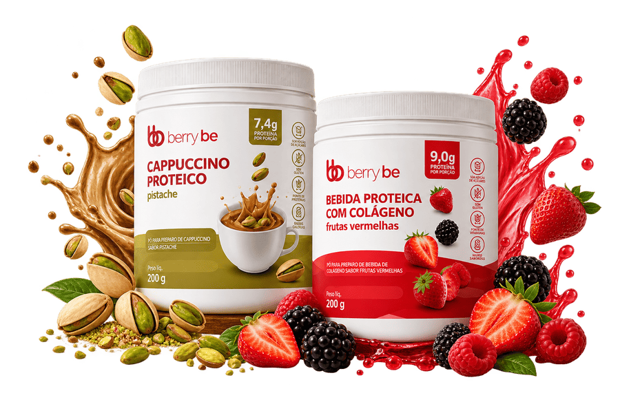 Potes de Cappuccino Proteico Pistache e Bebida Proteica com Colágeno Frutas Vermelhas, da Berry Be